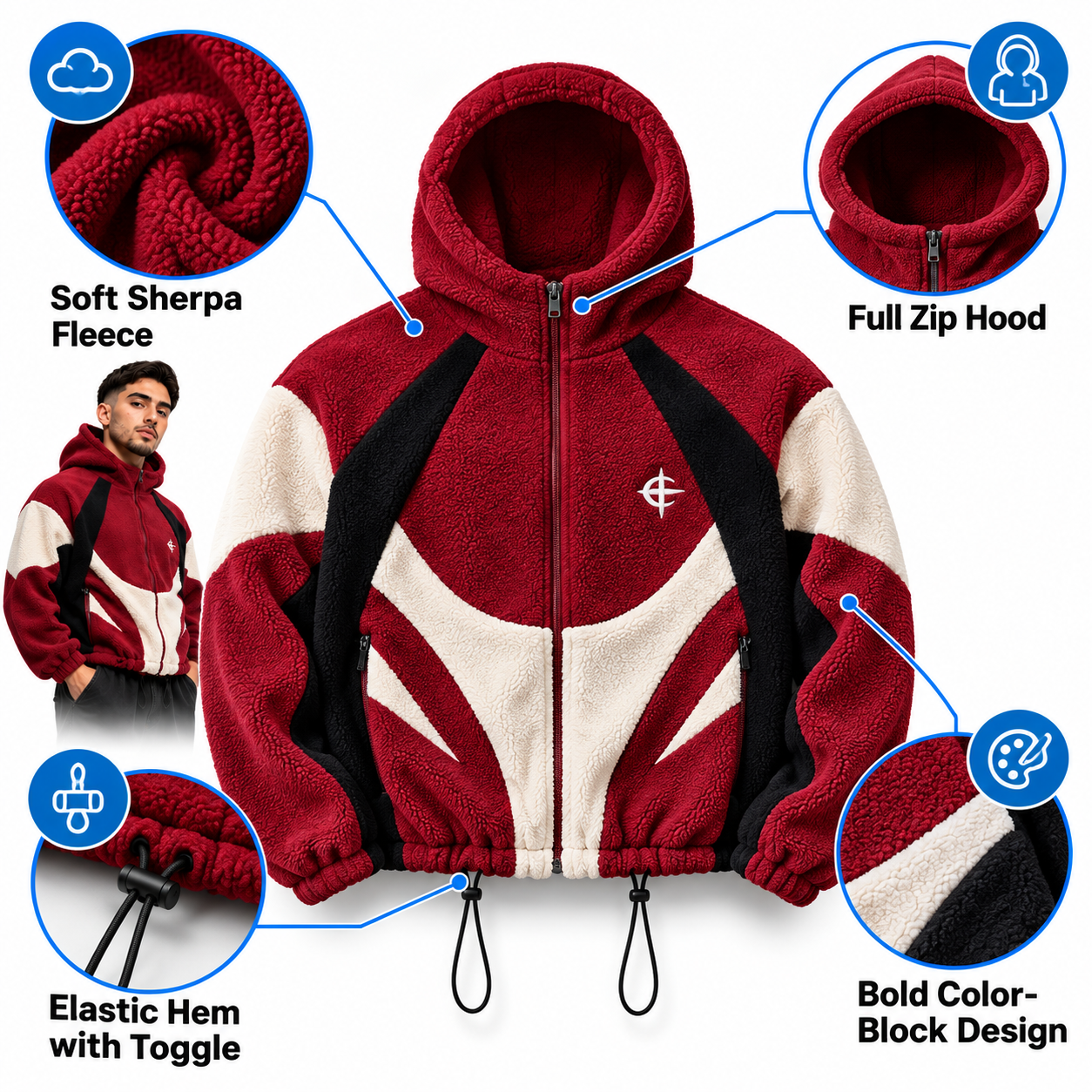 Men's Color Block Patchwork Hooded Jacket – Fleece Cotton Zip-Up Streetwear Outerwear
