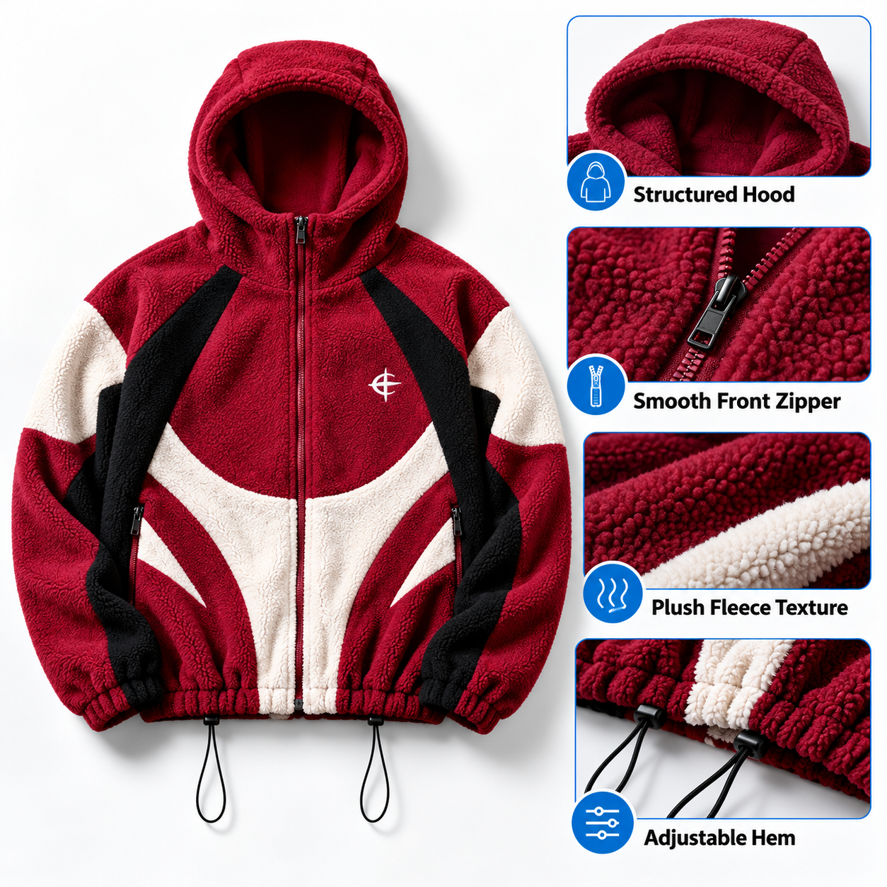 Men's Color Block Patchwork Hooded Jacket – Fleece Cotton Zip-Up Streetwear Outerwear