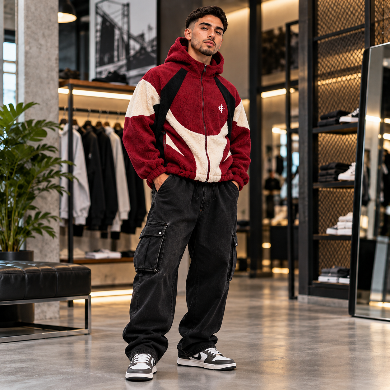 Men's Color Block Patchwork Hooded Jacket – Fleece Cotton Zip-Up Streetwear Outerwear