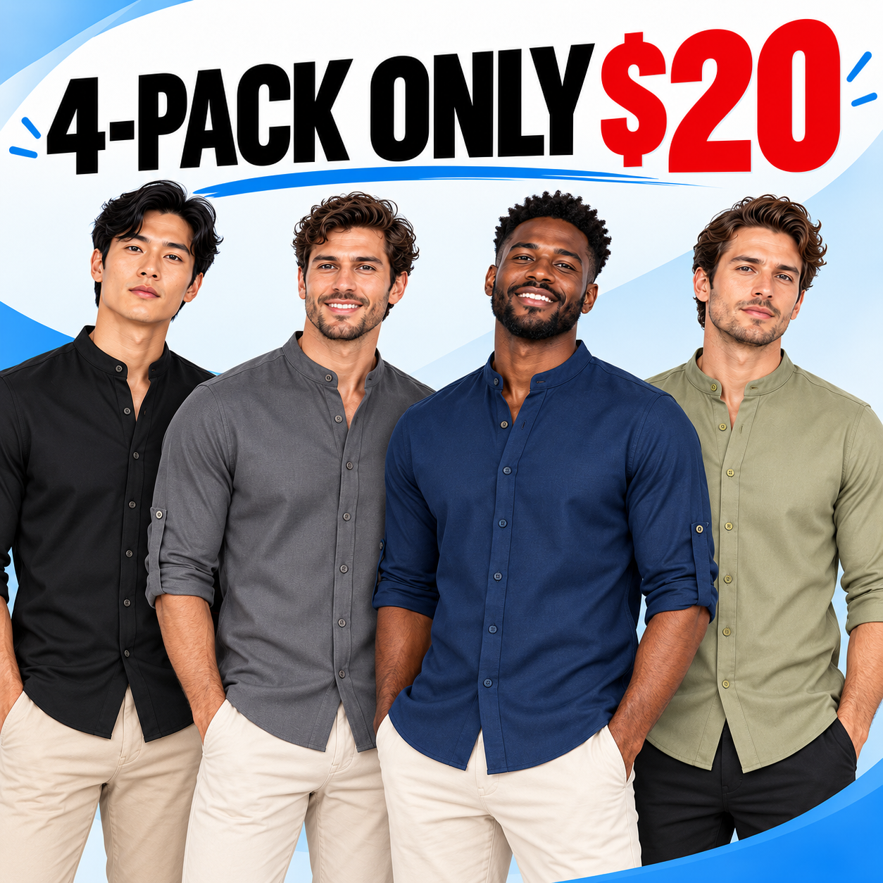 Men's Stand-Collar Button-Up Shirt – Roll-Up Sleeve Casual Everyday Top