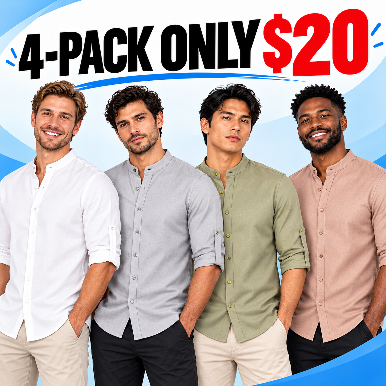 Men's Stand-Collar Button-Up Shirt – Roll-Up Sleeve Casual Everyday Top