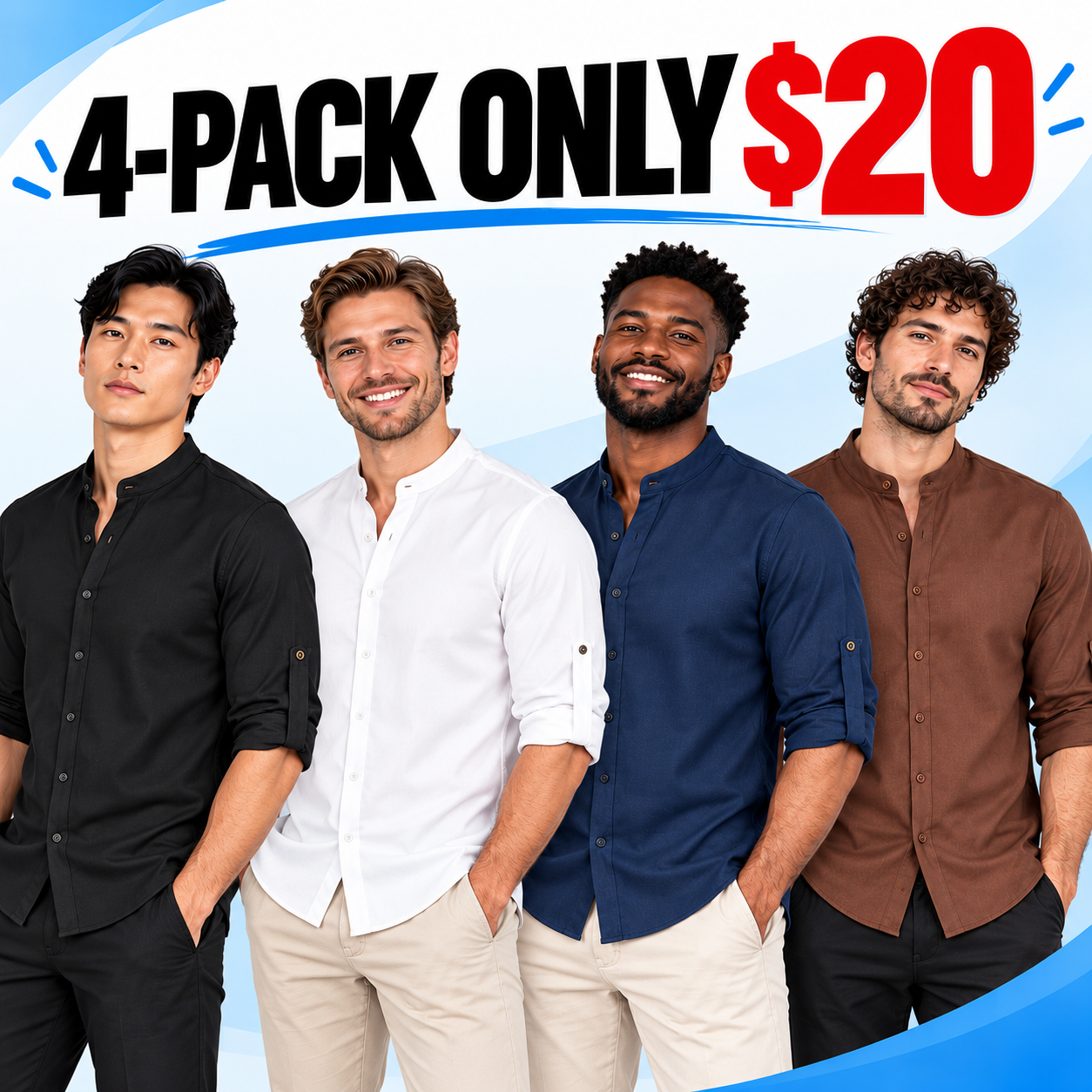 Men's Stand-Collar Button-Up Shirt – Roll-Up Sleeve Casual Everyday Top