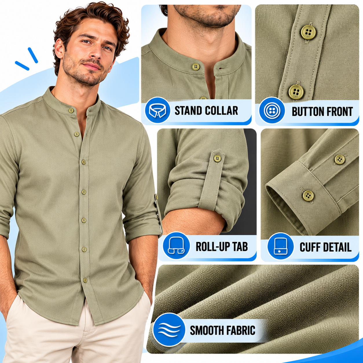 Men's Stand-Collar Button-Up Shirt – Roll-Up Sleeve Casual Everyday Top