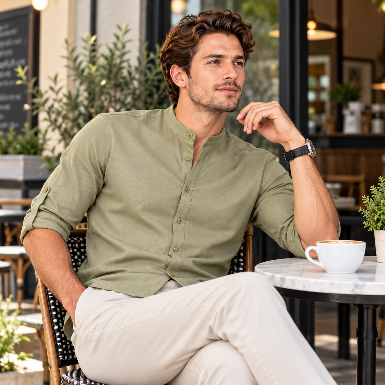 Men's Stand-Collar Button-Up Shirt – Roll-Up Sleeve Casual Everyday Top