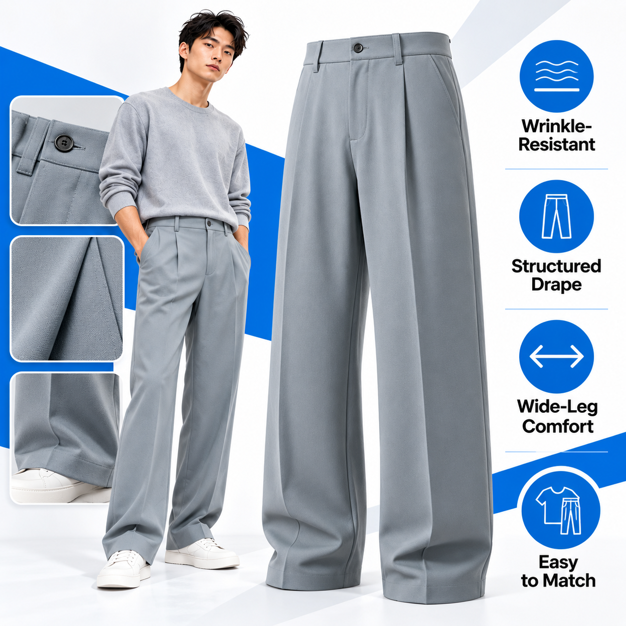 Men's Ice Silk Pleated Dress Pants – High Waist Loose Straight-Leg Business Casual Trousers