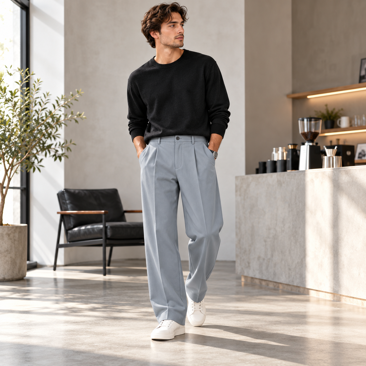 Men's Ice Silk Pleated Dress Pants – High Waist Loose Straight-Leg Business Casual Trousers