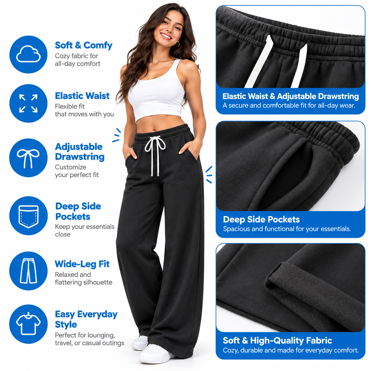 Women's Fleece Wide-Leg Sweatpants – Mid-Rise Drawstring Baggy Joggers with Pockets