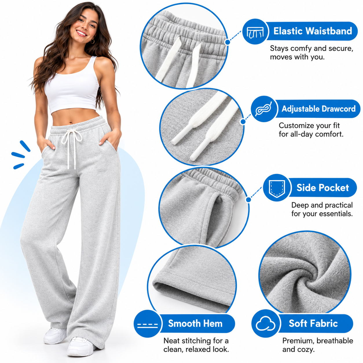 Women's Fleece Wide-Leg Sweatpants – Mid-Rise Drawstring Baggy Joggers with Pockets