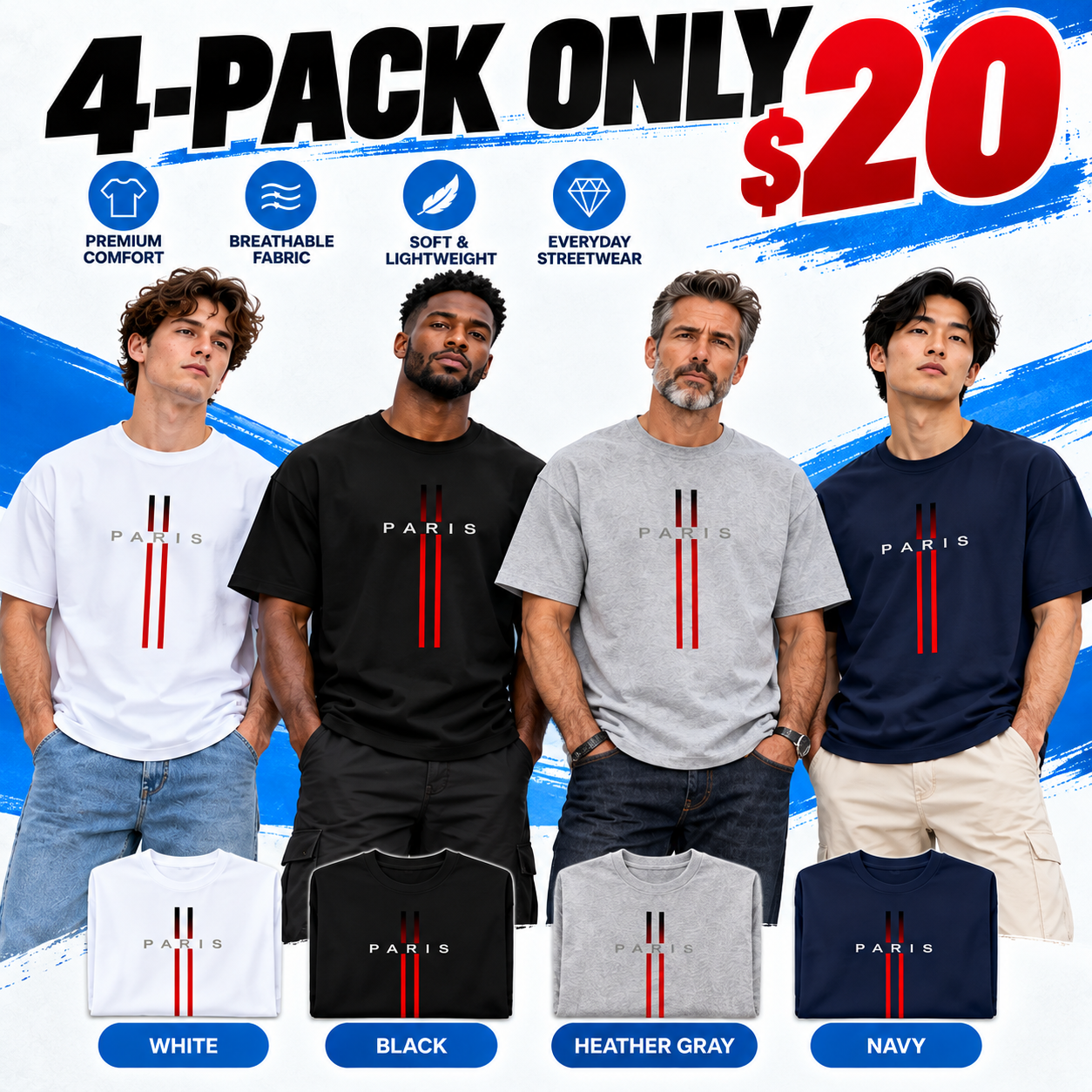 Men's Paris Graphic Print Crew Neck T-Shirt – Soft 100% Cotton Relaxed Fit Casual Tee