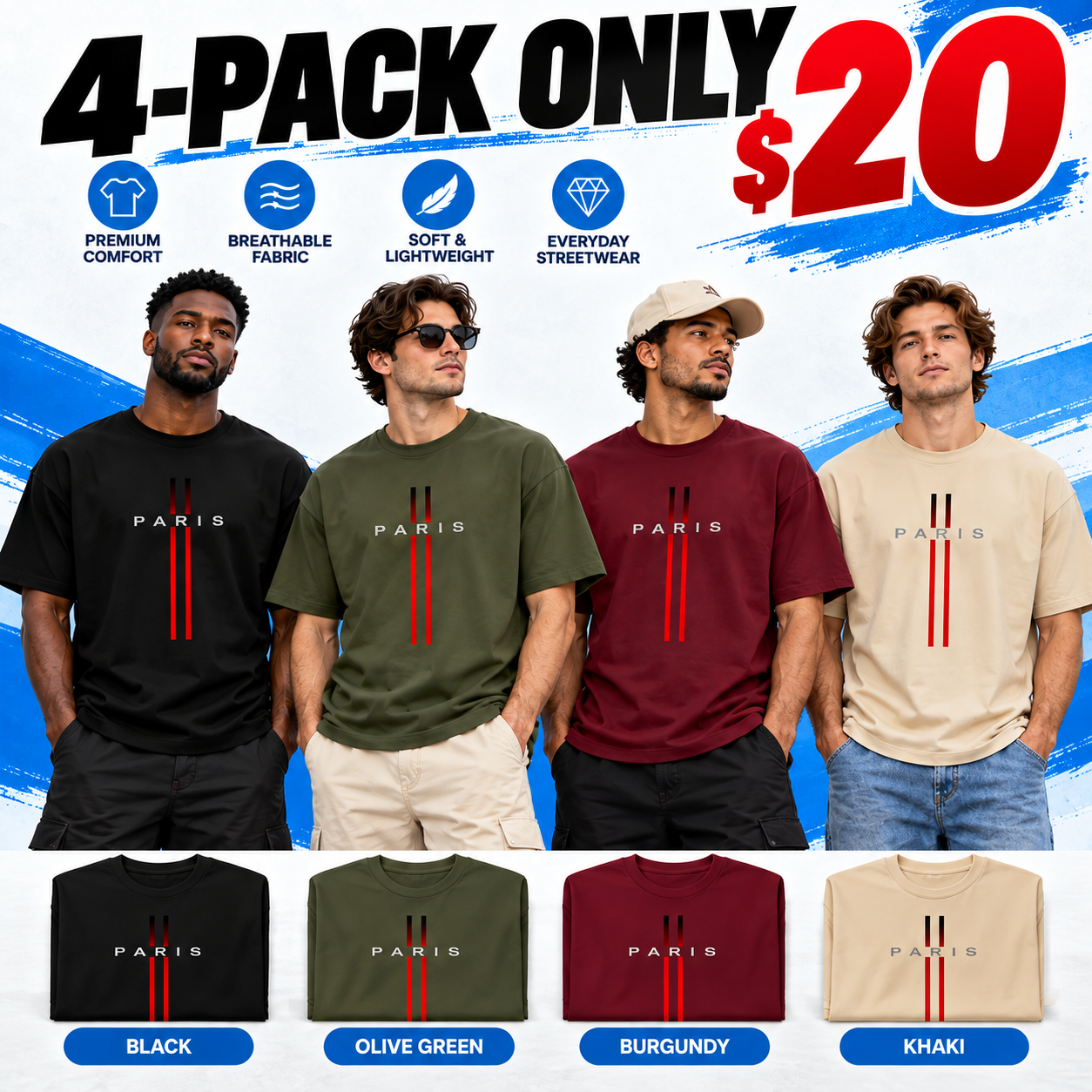 Men's Paris Graphic Print Crew Neck T-Shirt – Soft 100% Cotton Relaxed Fit Casual Tee