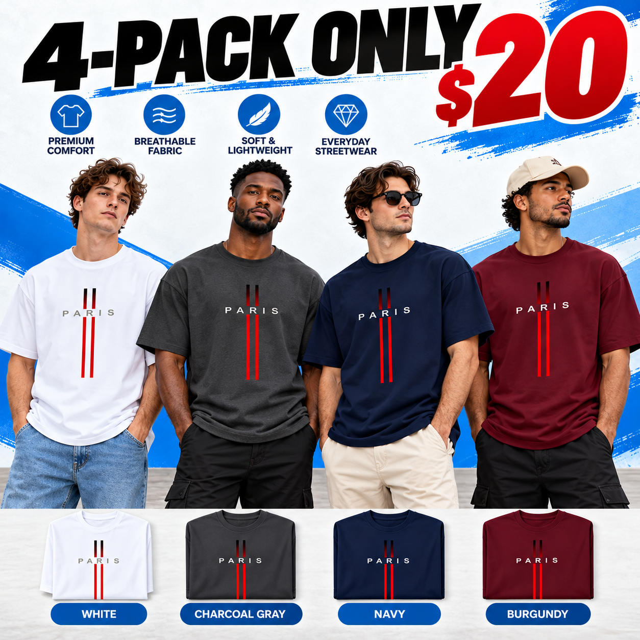 Men's Paris Graphic Print Crew Neck T-Shirt – Soft 100% Cotton Relaxed Fit Casual Tee