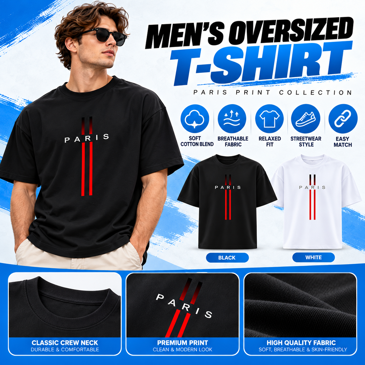 Men's Paris Graphic Print Crew Neck T-Shirt – Soft 100% Cotton Relaxed Fit Casual Tee