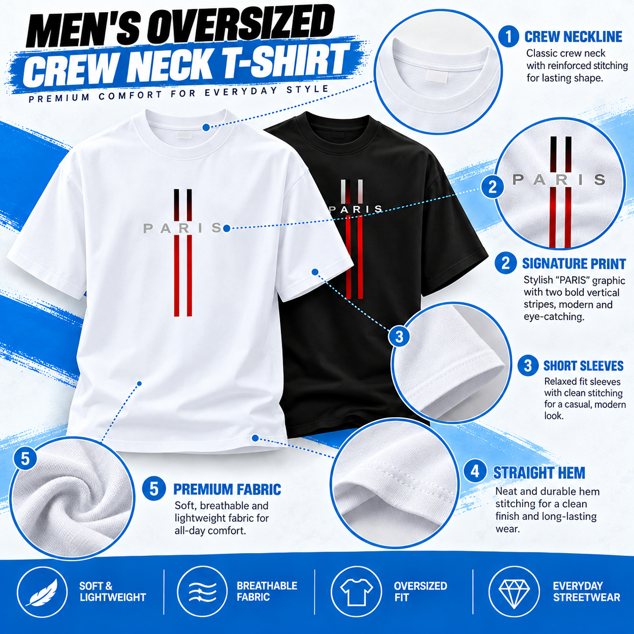 Men's Paris Graphic Print Crew Neck T-Shirt – Soft 100% Cotton Relaxed Fit Casual Tee