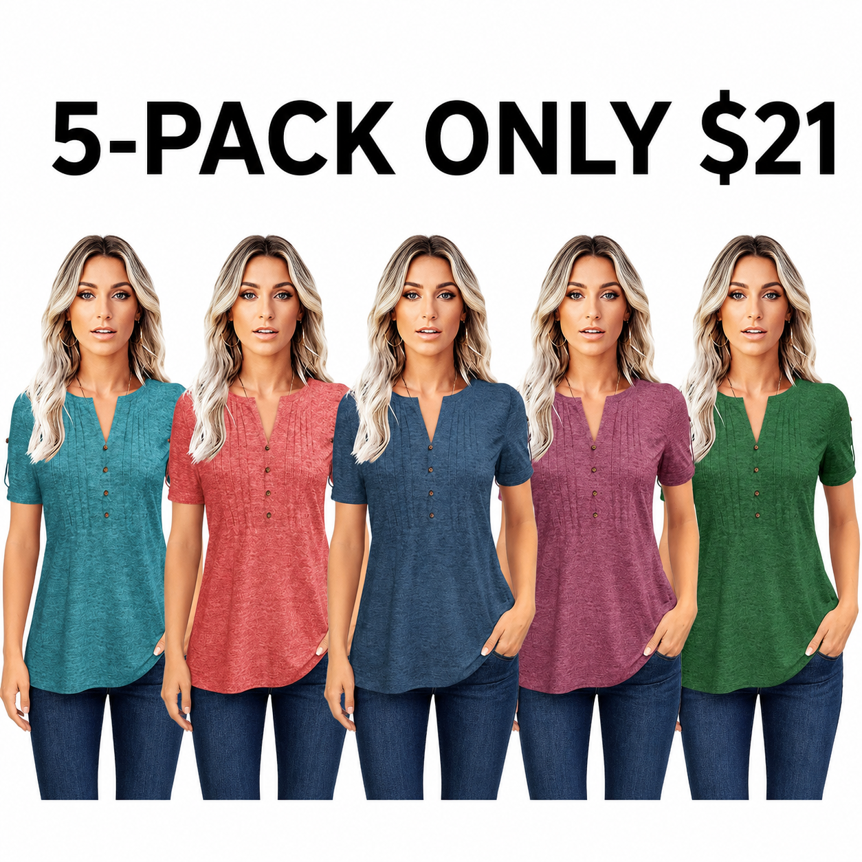 Women’s V Neck T Shirt – Casual Pleated Button Top, Loose Fit Short Sleeve Summer Tee