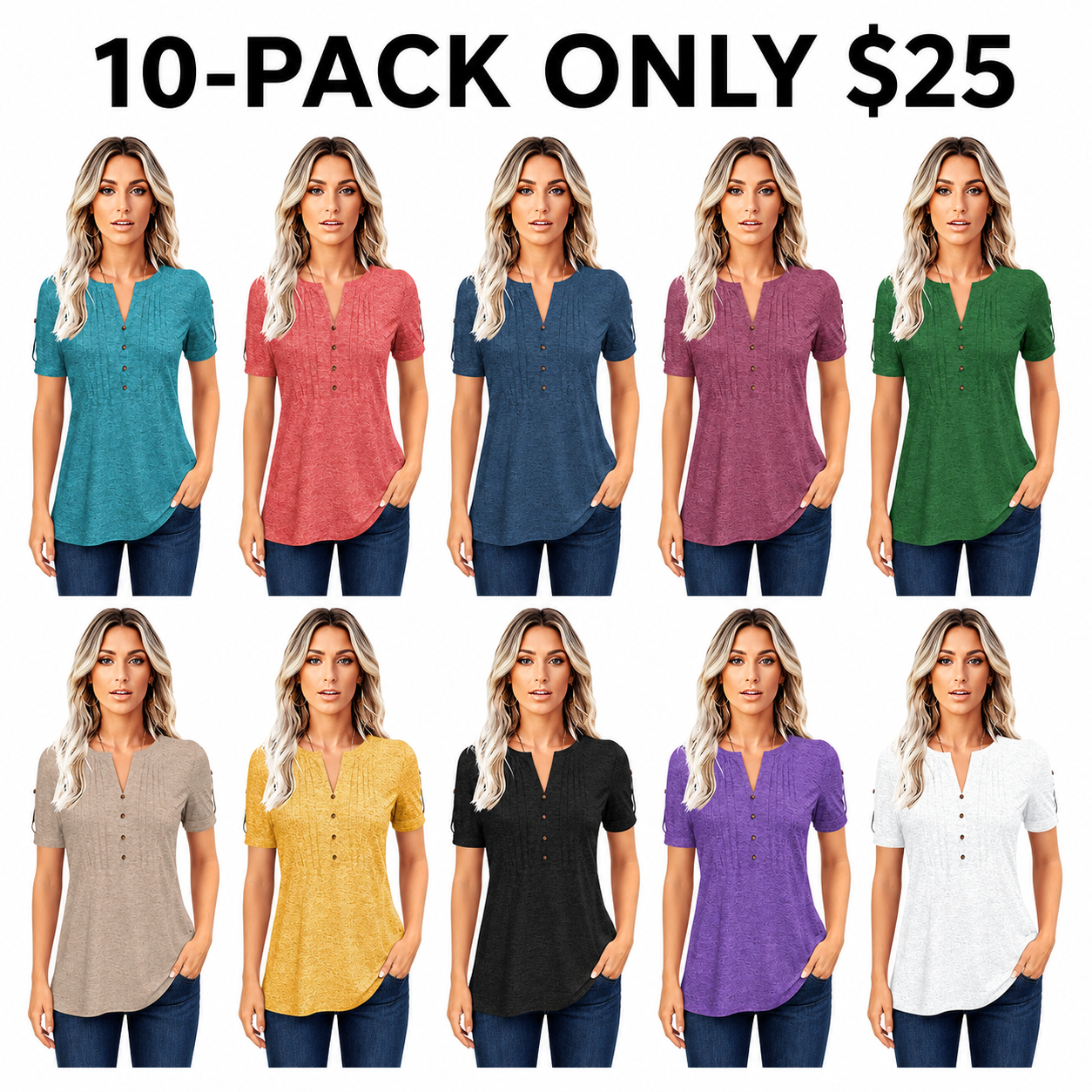 Women’s V Neck T Shirt – Casual Pleated Button Top, Loose Fit Short Sleeve Summer Tee