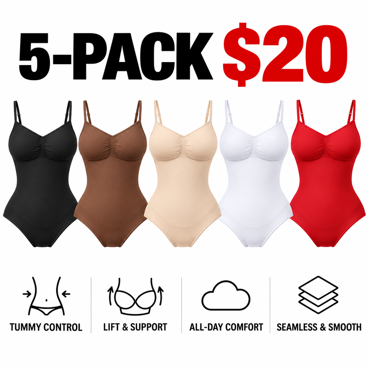 Women's Seamless Shapewear Bodysuit – Moderate Compression Tummy Control Jumpsuit