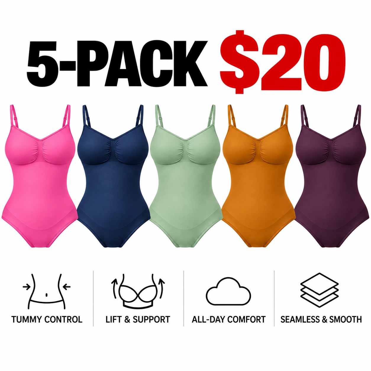 Women's Seamless Shapewear Bodysuit – Moderate Compression Tummy Control Jumpsuit