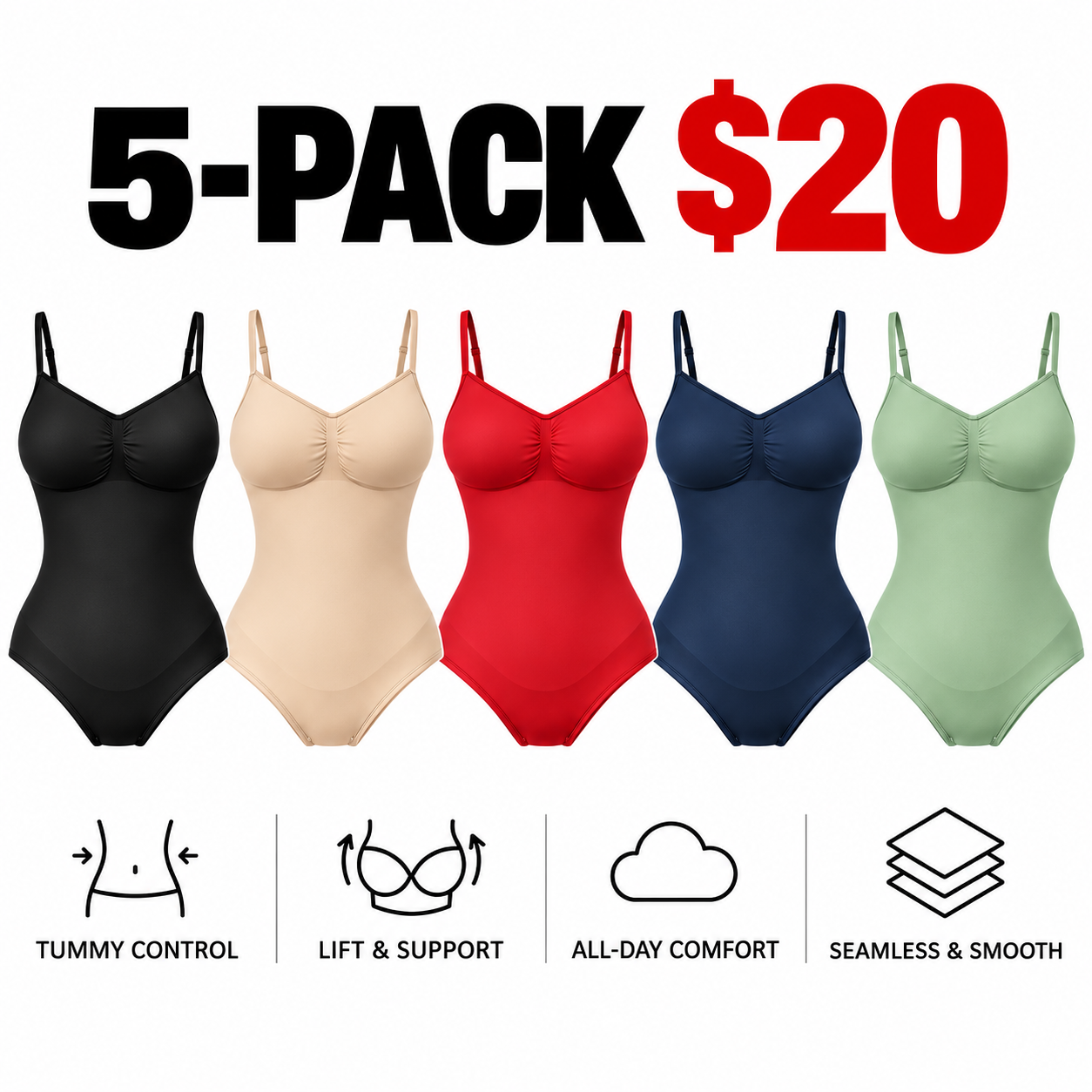 Women's Seamless Shapewear Bodysuit – Moderate Compression Tummy Control Jumpsuit