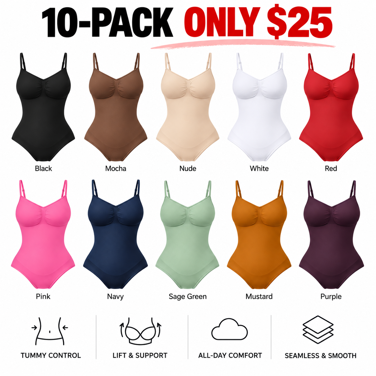 Women's Seamless Shapewear Bodysuit – Moderate Compression Tummy Control Jumpsuit