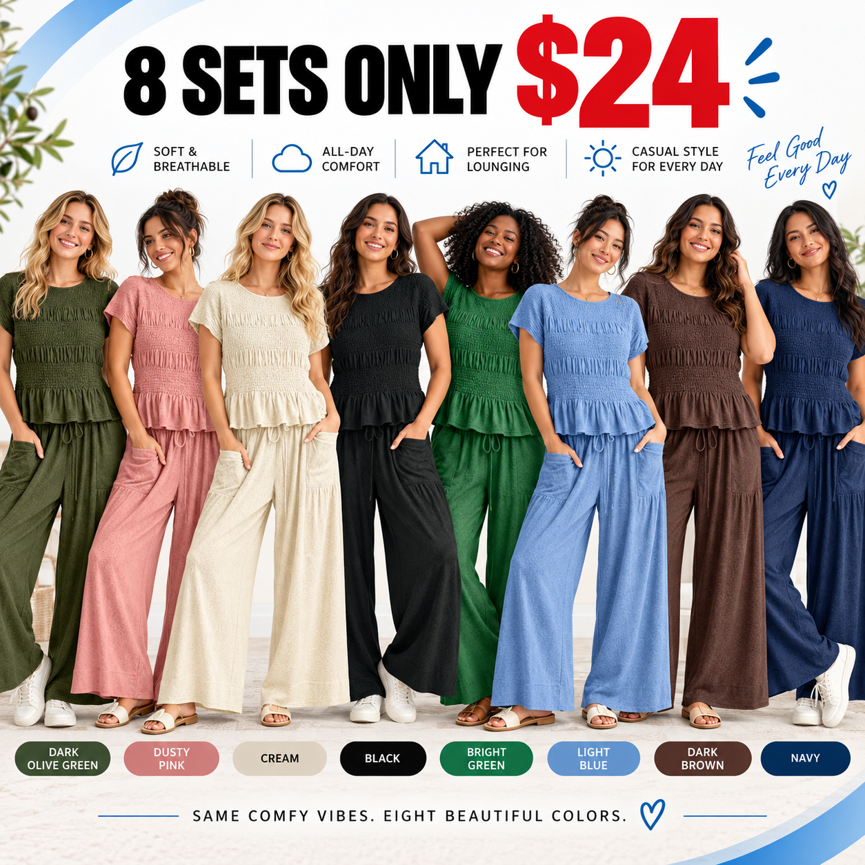 Women's 2-Piece Boho Outfit: Cotton Smocked Top & High Waisted Wide Leg Pants Set
