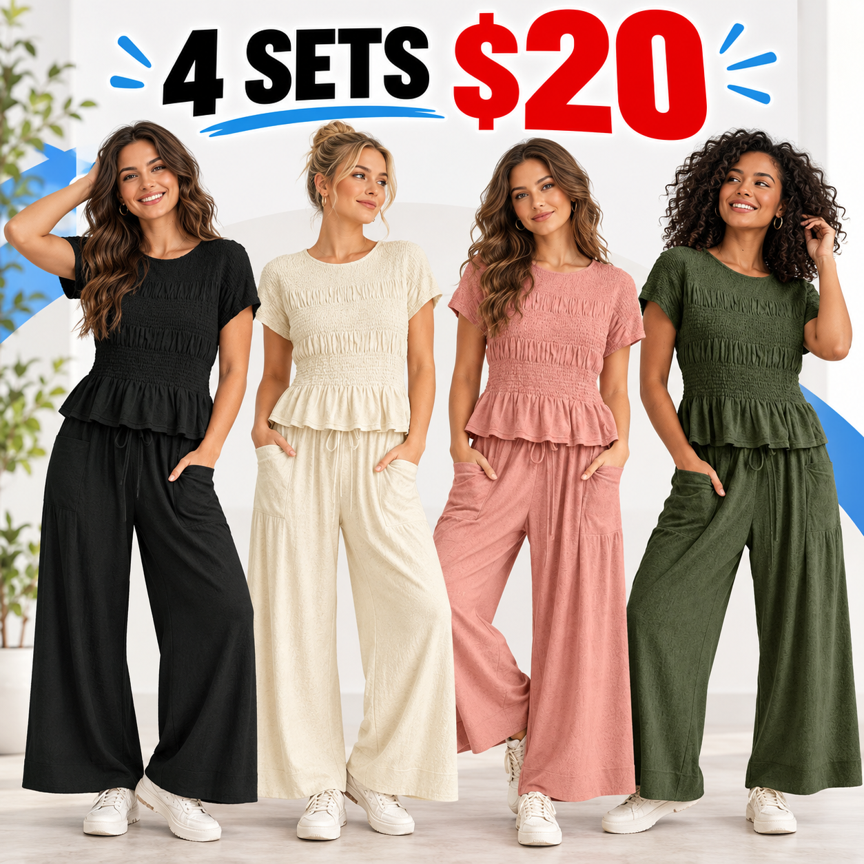 Women's 2-Piece Boho Outfit: Cotton Smocked Top & High Waisted Wide Leg Pants Set