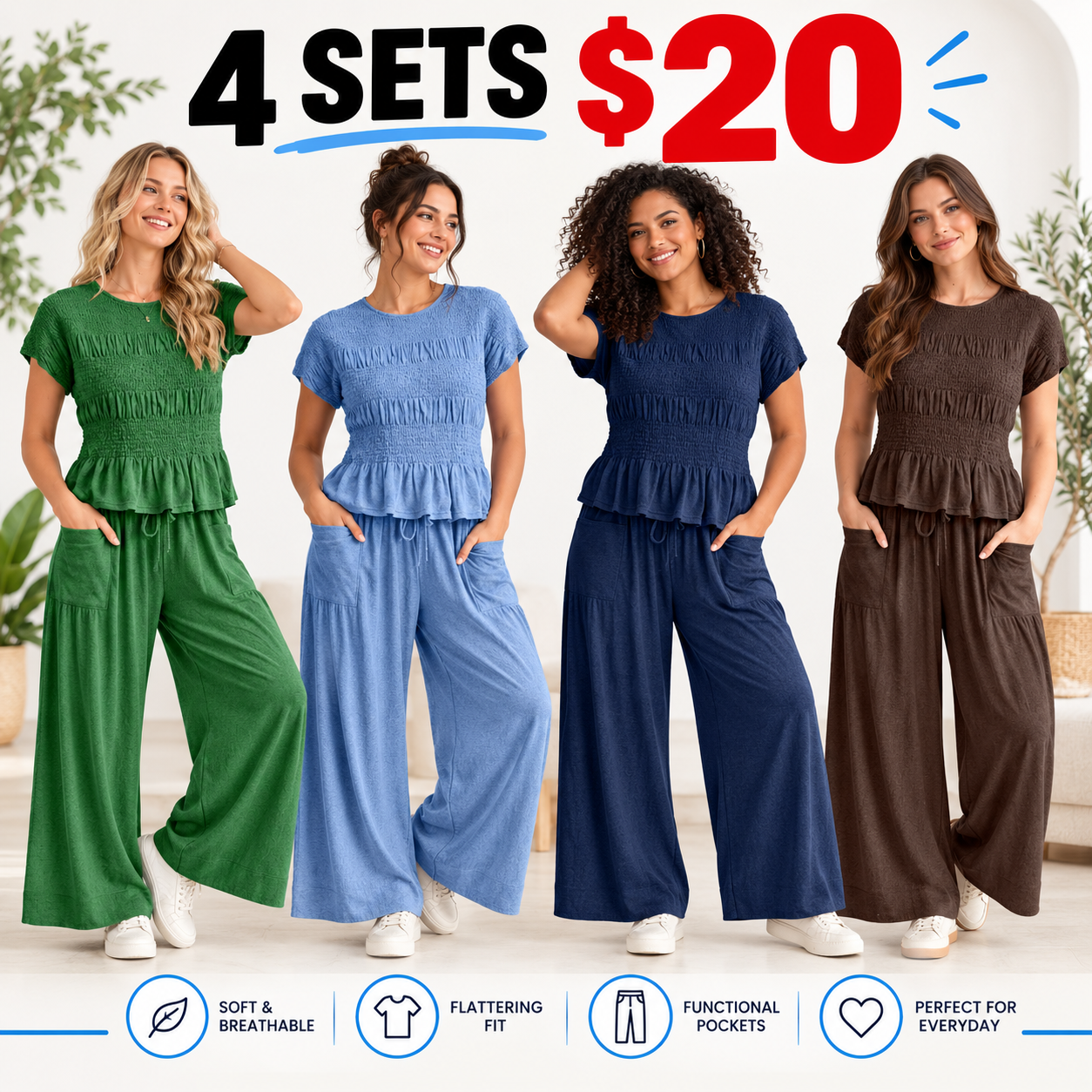 Women's 2-Piece Boho Outfit: Cotton Smocked Top & High Waisted Wide Leg Pants Set