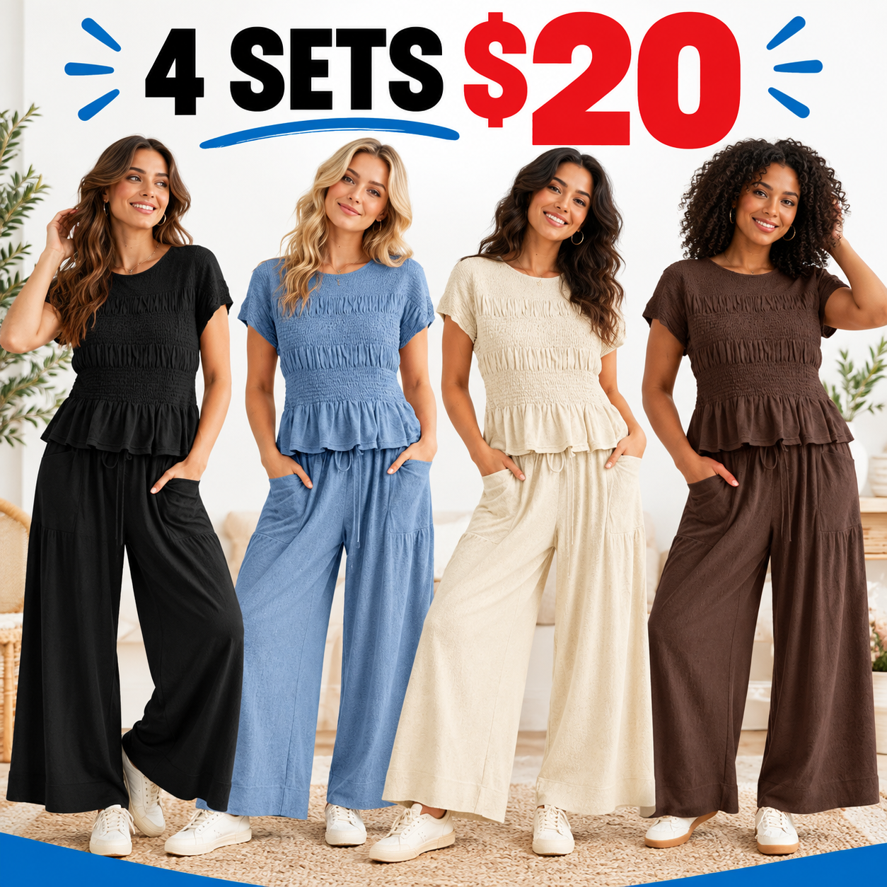 Women's 2-Piece Boho Outfit: Cotton Smocked Top & High Waisted Wide Leg Pants Set