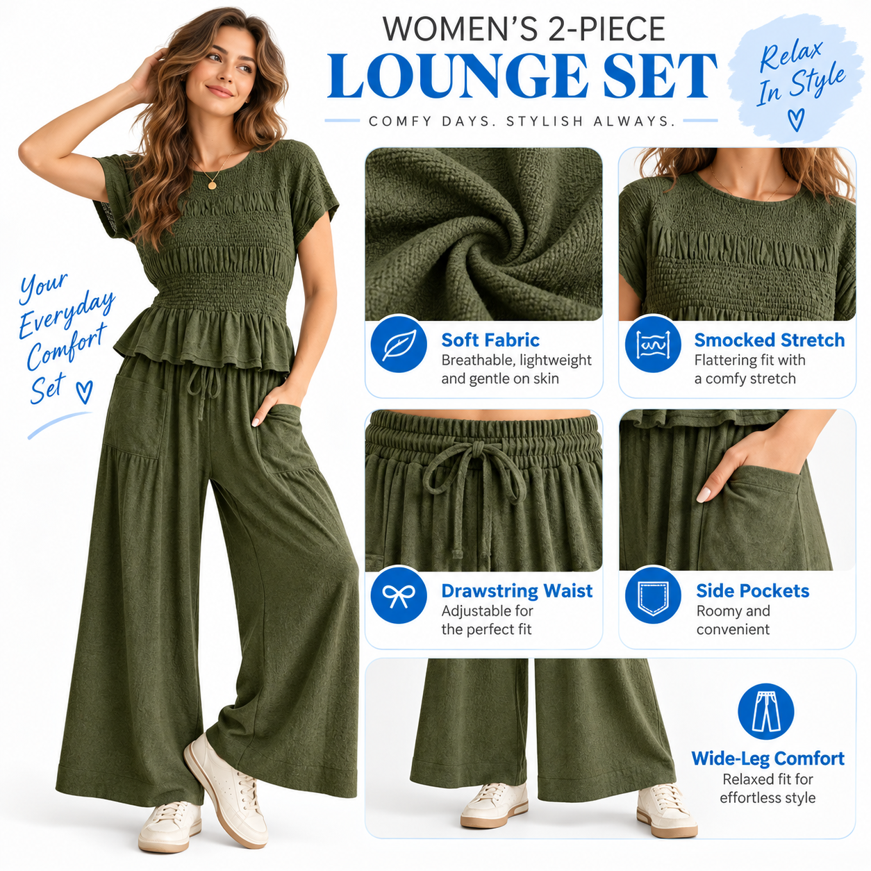 Women's 2-Piece Boho Outfit: Cotton Smocked Top & High Waisted Wide Leg Pants Set