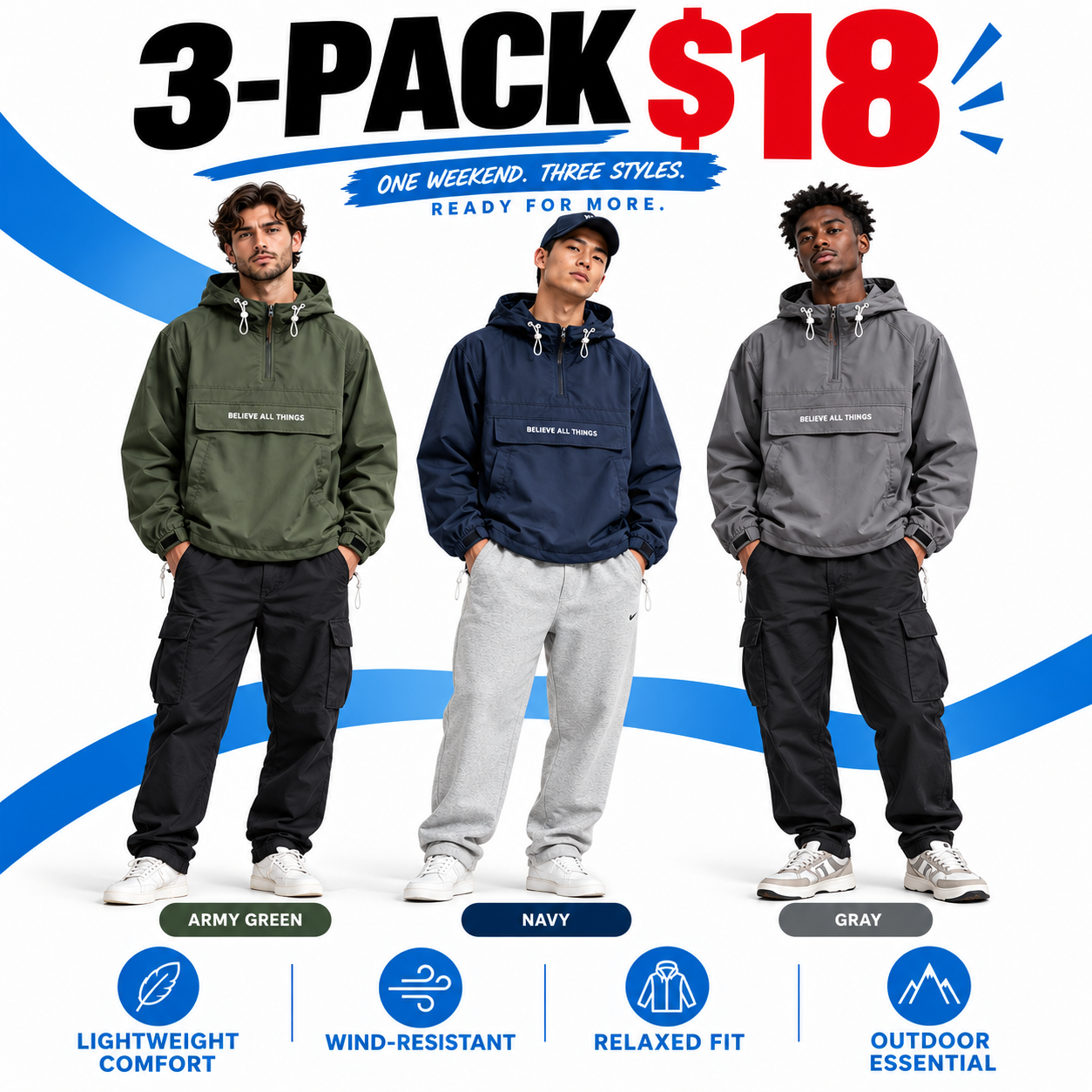 Men's Half-Zip Hooded Windbreaker – Lightweight Oversized Casual Outdoor Jacket