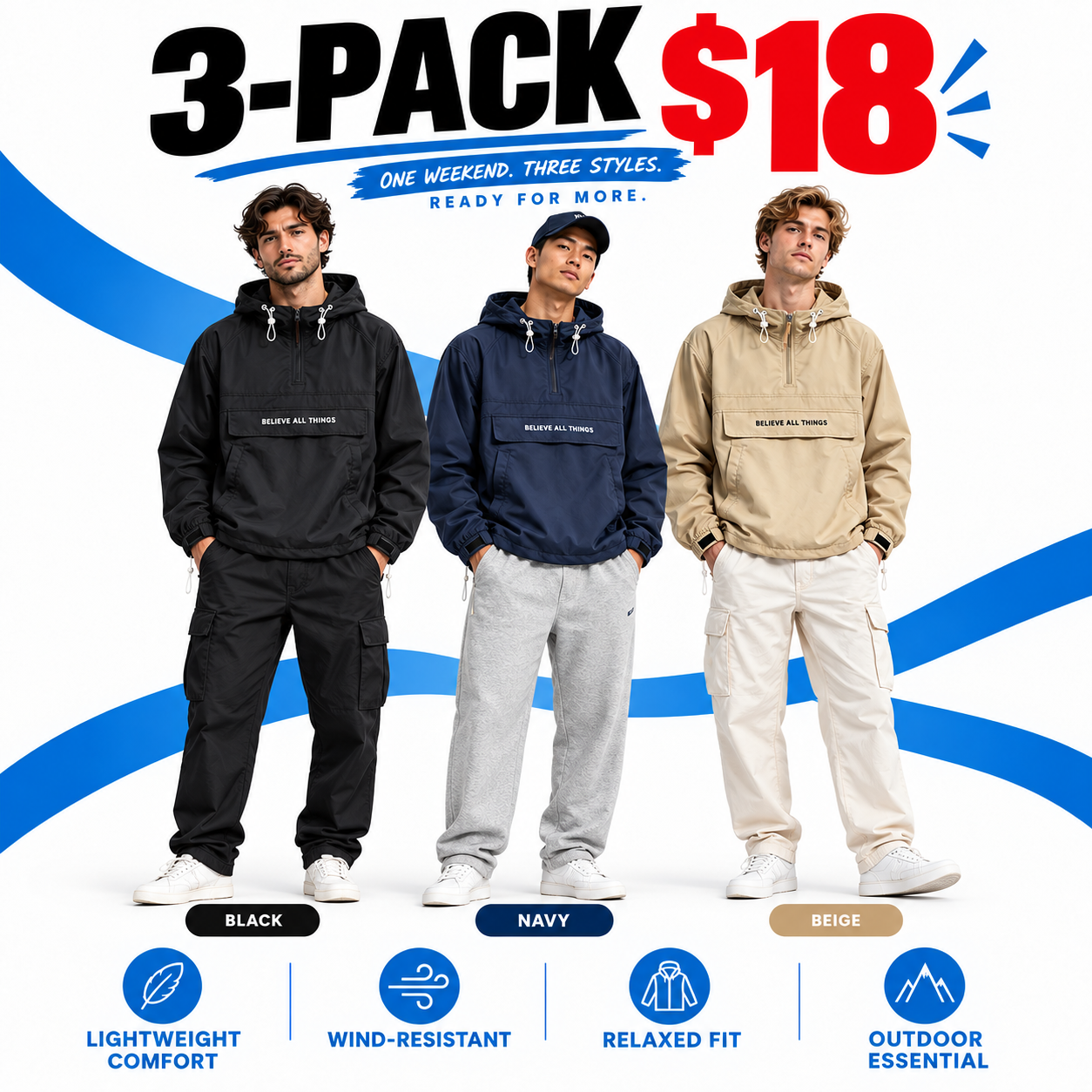 Men's Half-Zip Hooded Windbreaker – Lightweight Oversized Casual Outdoor Jacket