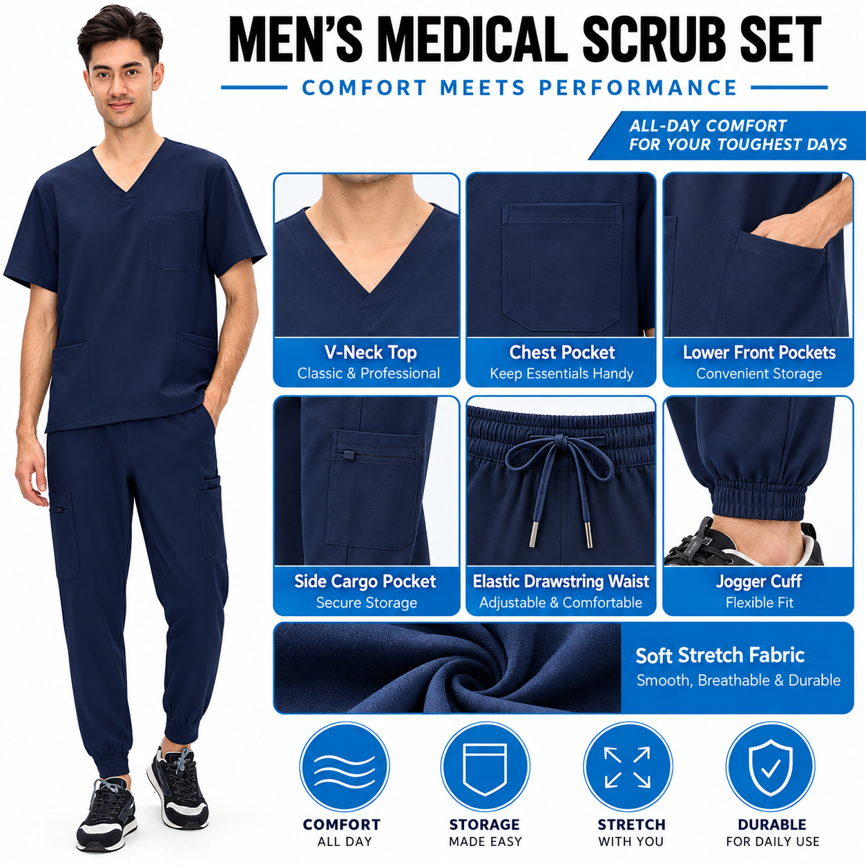 Men's Professional 4-Pocket V-Neck Scrub Top & 7-Pocket Jogger Pants Set
