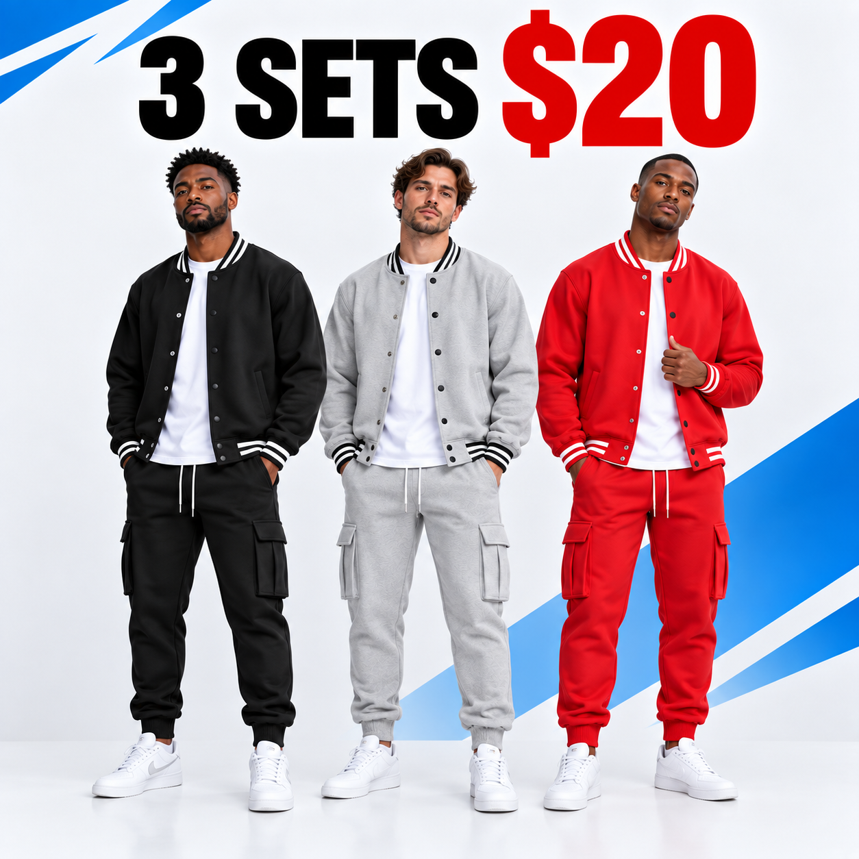 Men's Baseball Jacket & Cargo Pants Set - Fleece Lined Windproof Streetwear Activewear