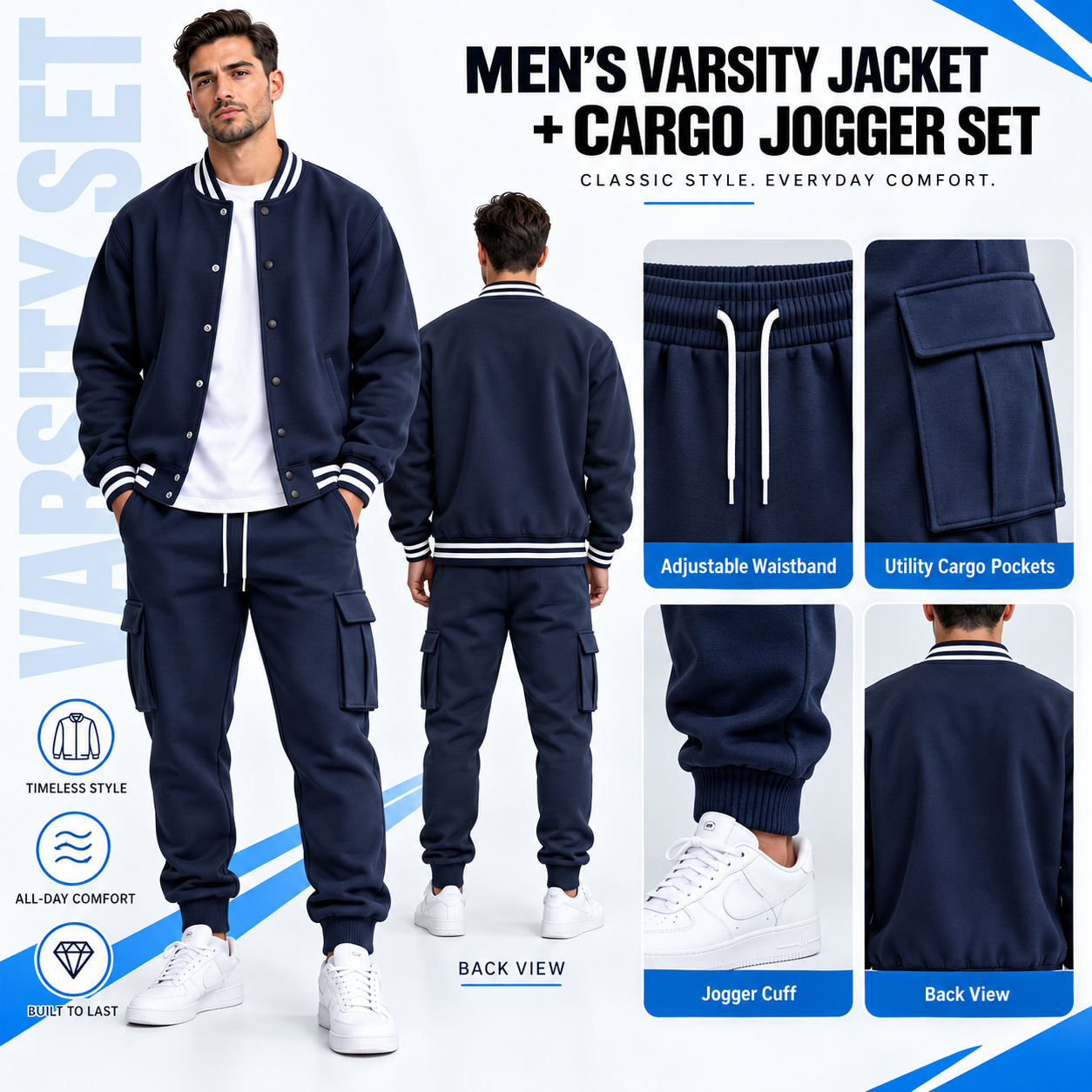 Men's Baseball Jacket & Cargo Pants Set - Fleece Lined Windproof Streetwear Activewear