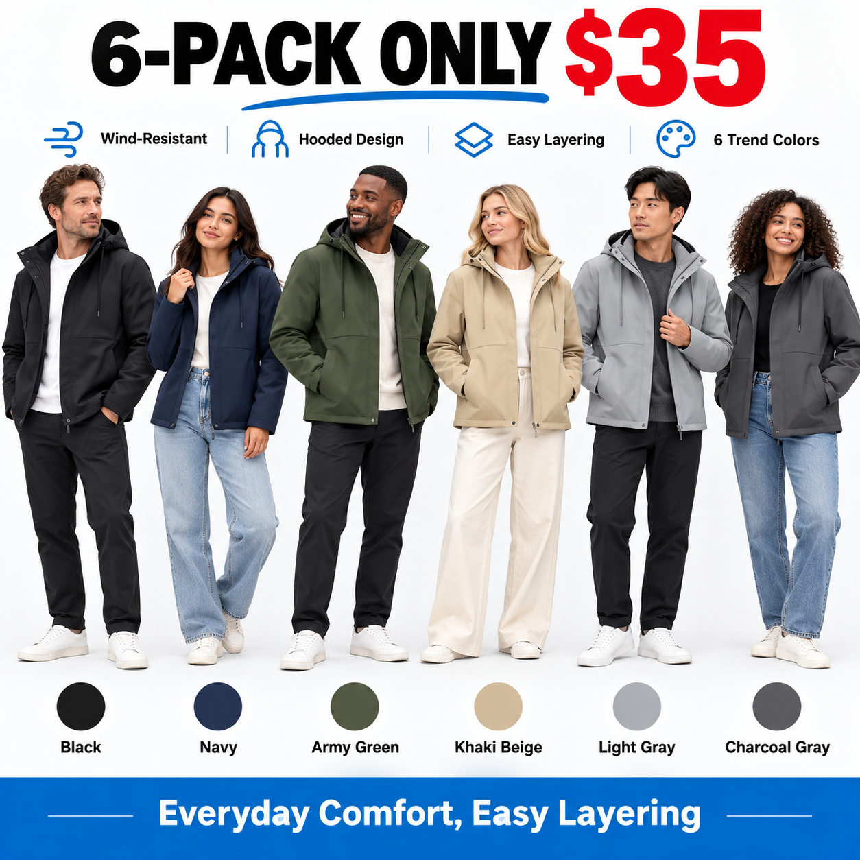 Unisex Hooded Wind-Resistant Jacket - Water-Repellent Full-Zip Outerwear for Everyday Comfort
