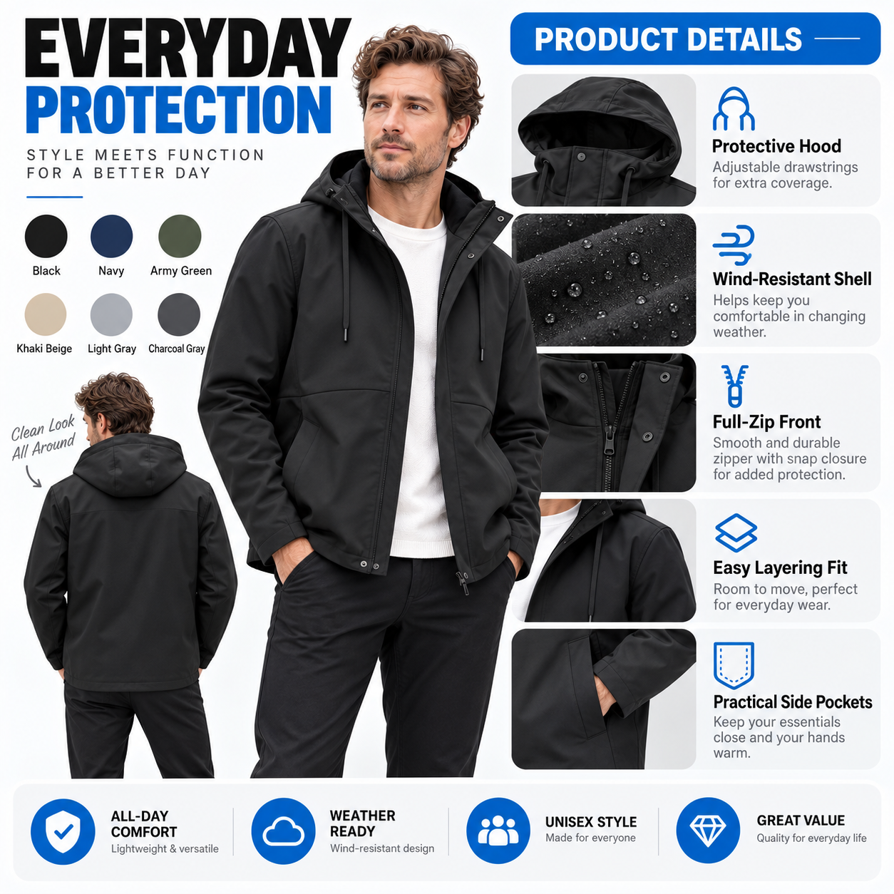 Unisex Hooded Wind-Resistant Jacket - Water-Repellent Full-Zip Outerwear for Everyday Comfort