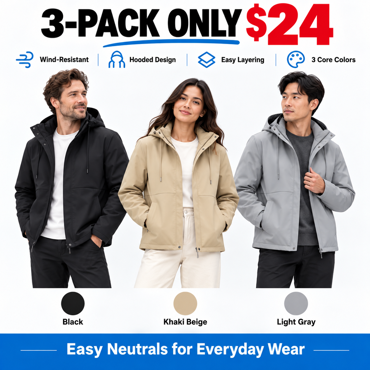 Unisex Hooded Wind-Resistant Jacket - Water-Repellent Full-Zip Outerwear for Everyday Comfort
