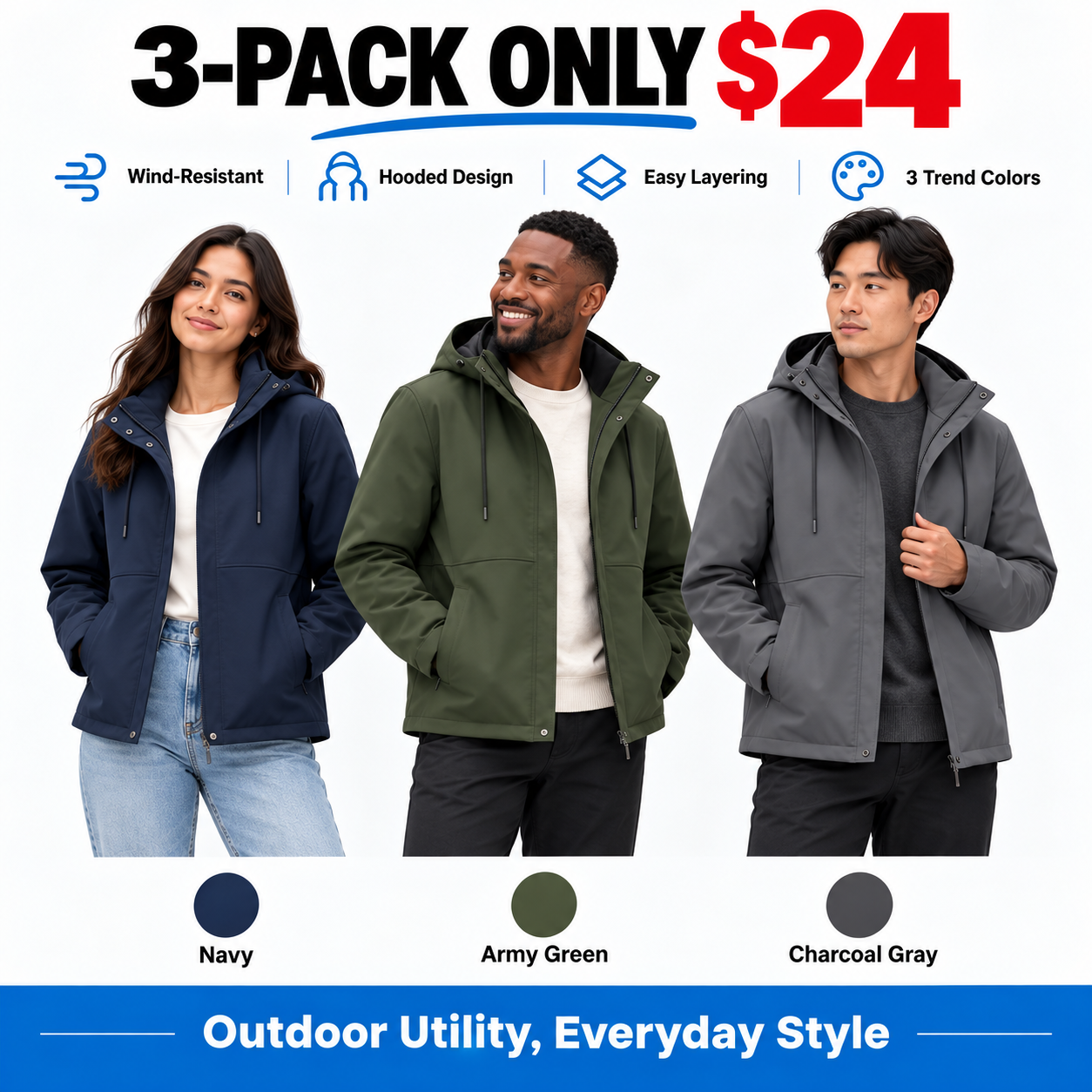 Unisex Hooded Wind-Resistant Jacket - Water-Repellent Full-Zip Outerwear for Everyday Comfort
