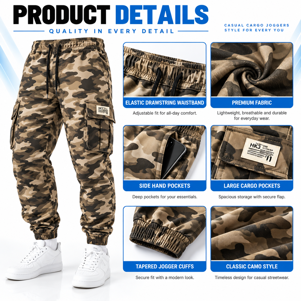 Men's Tactical Camo Pants - Lightweight Quick-Dry Multi-Pocket Hiking & Work Trousers