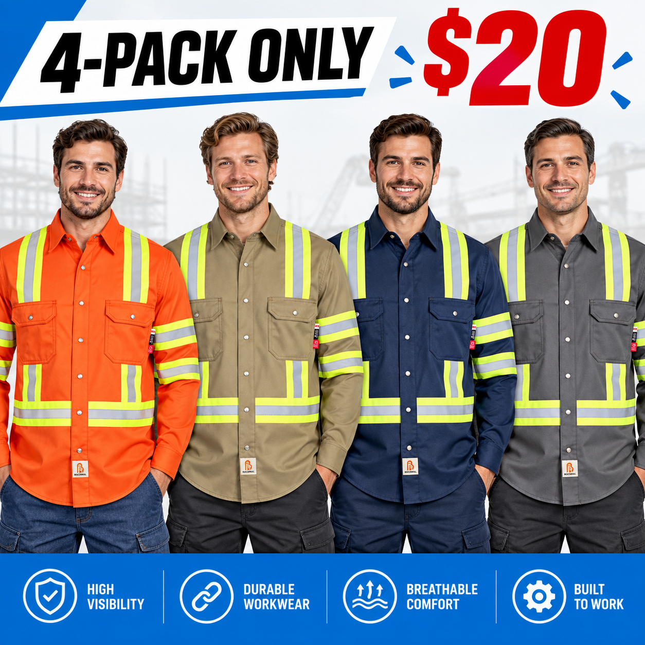 Men's 6.5 oz Flame-Resistant Hi-Vis Work Shirt – Class 1 Type O French Twill with Reflective Tape