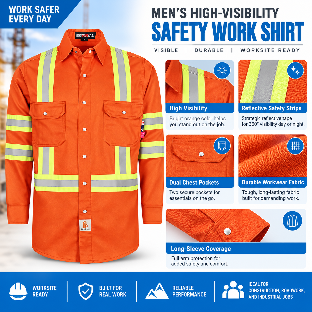Men's 6.5 oz Flame-Resistant Hi-Vis Work Shirt – Class 1 Type O French Twill with Reflective Tape