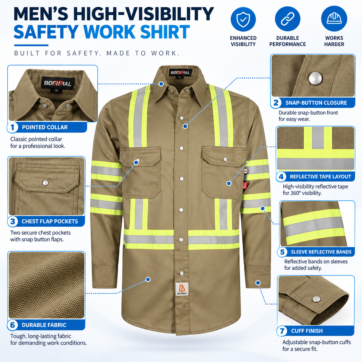 Men's 6.5 oz Flame-Resistant Hi-Vis Work Shirt – Class 1 Type O French Twill with Reflective Tape