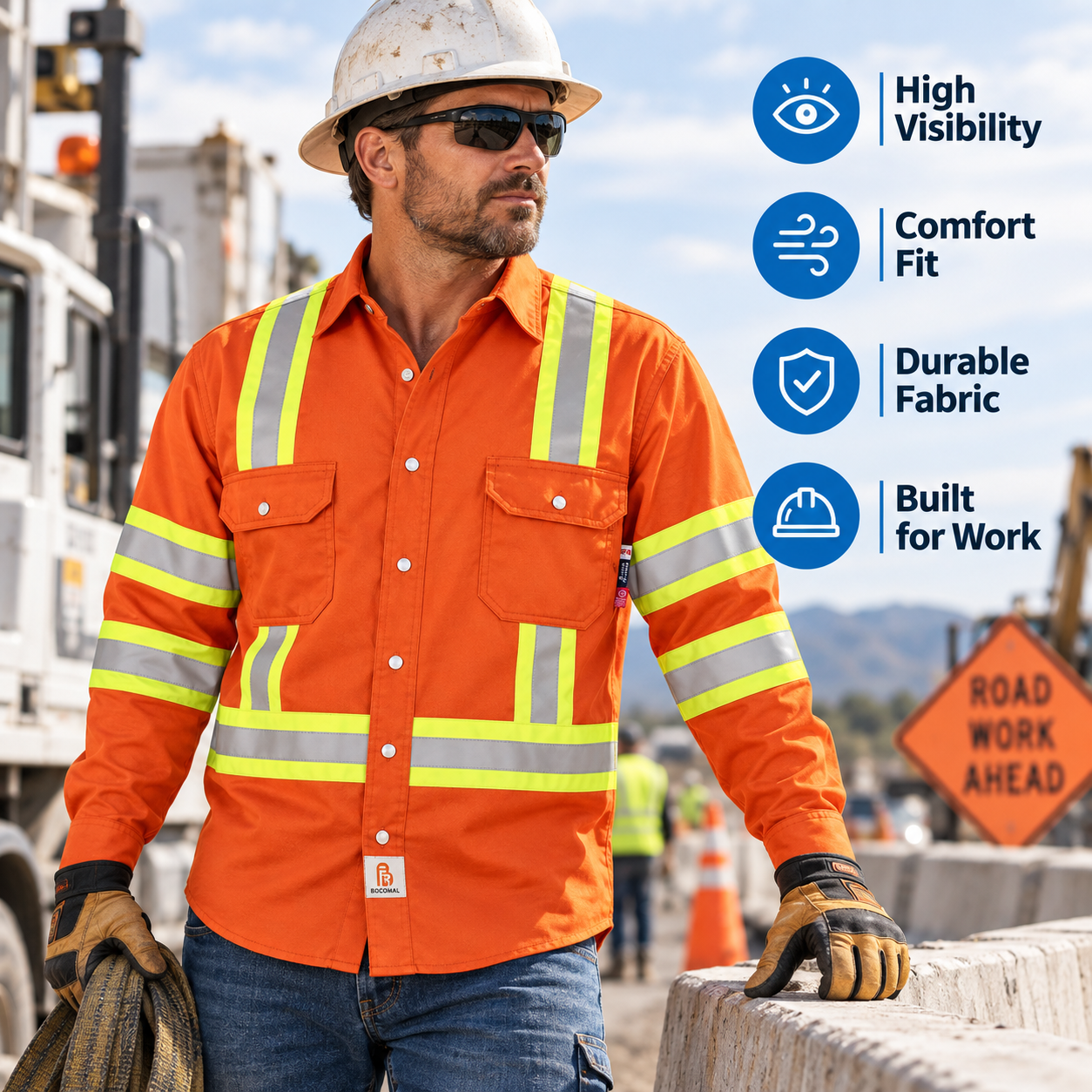 Men's 6.5 oz Flame-Resistant Hi-Vis Work Shirt – Class 1 Type O French Twill with Reflective Tape