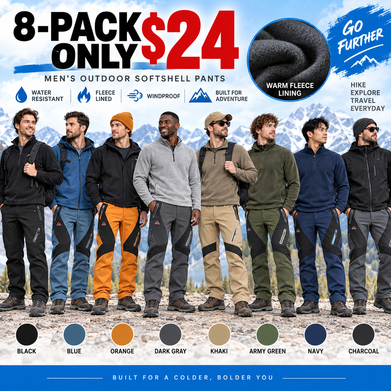 Men's Insulated Waterproof Winter Pants – Fleece-Lined Softshell Ski & Hiking Trousers