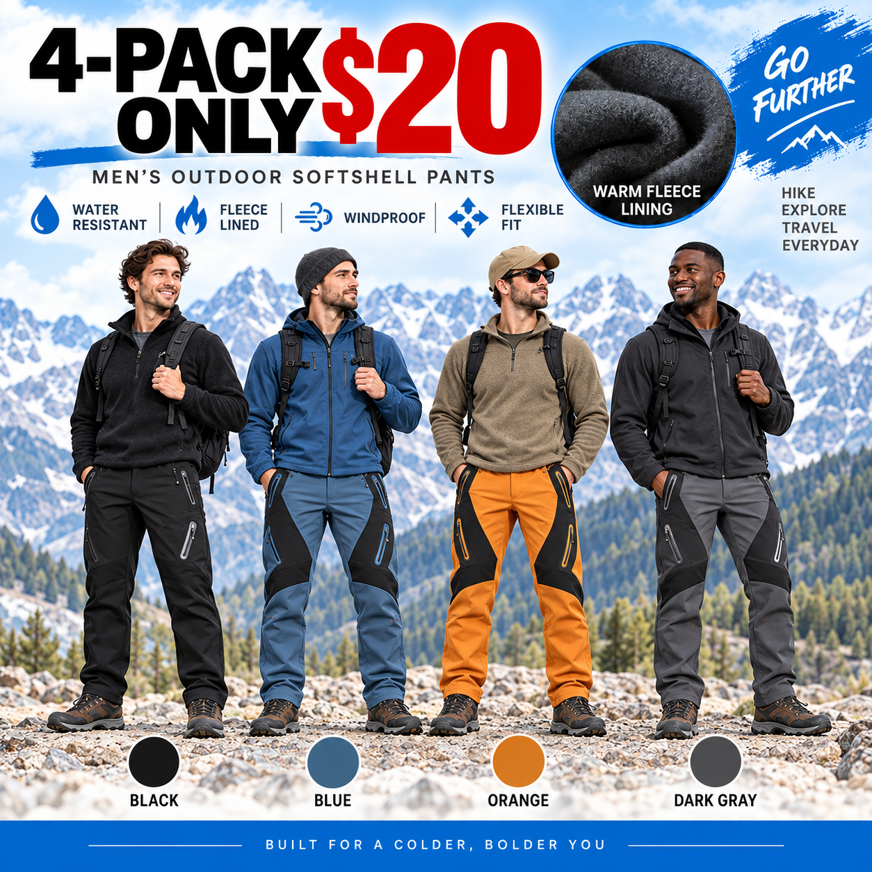 Men's Insulated Waterproof Winter Pants – Fleece-Lined Softshell Ski & Hiking Trousers
