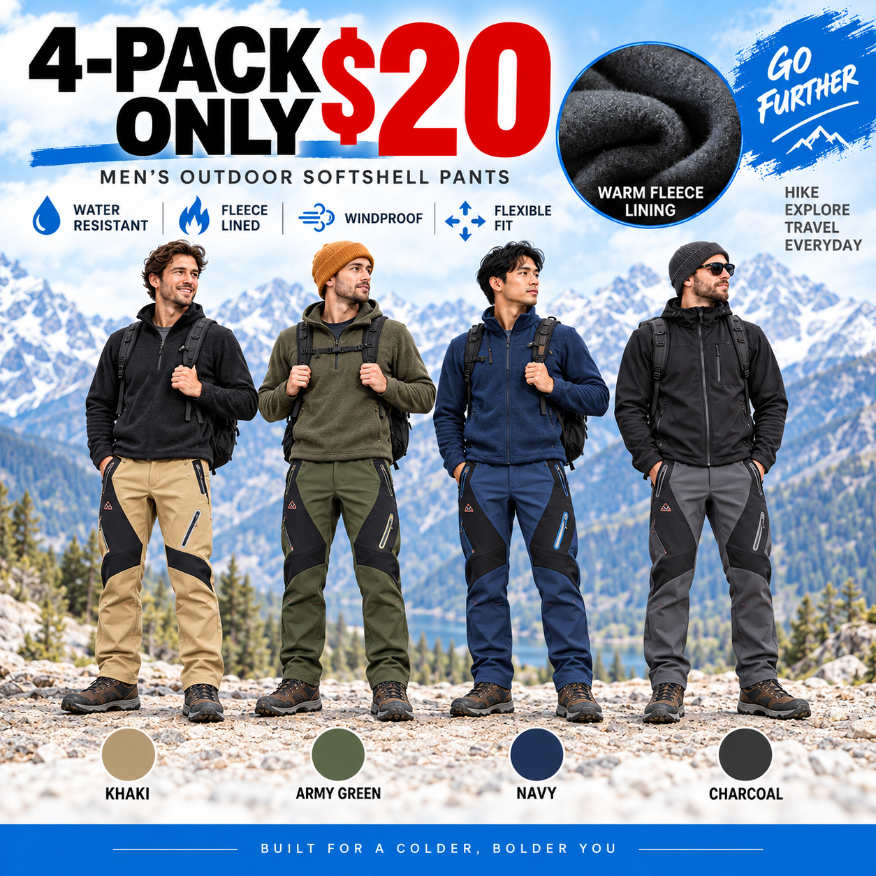 Men's Insulated Waterproof Winter Pants – Fleece-Lined Softshell Ski & Hiking Trousers