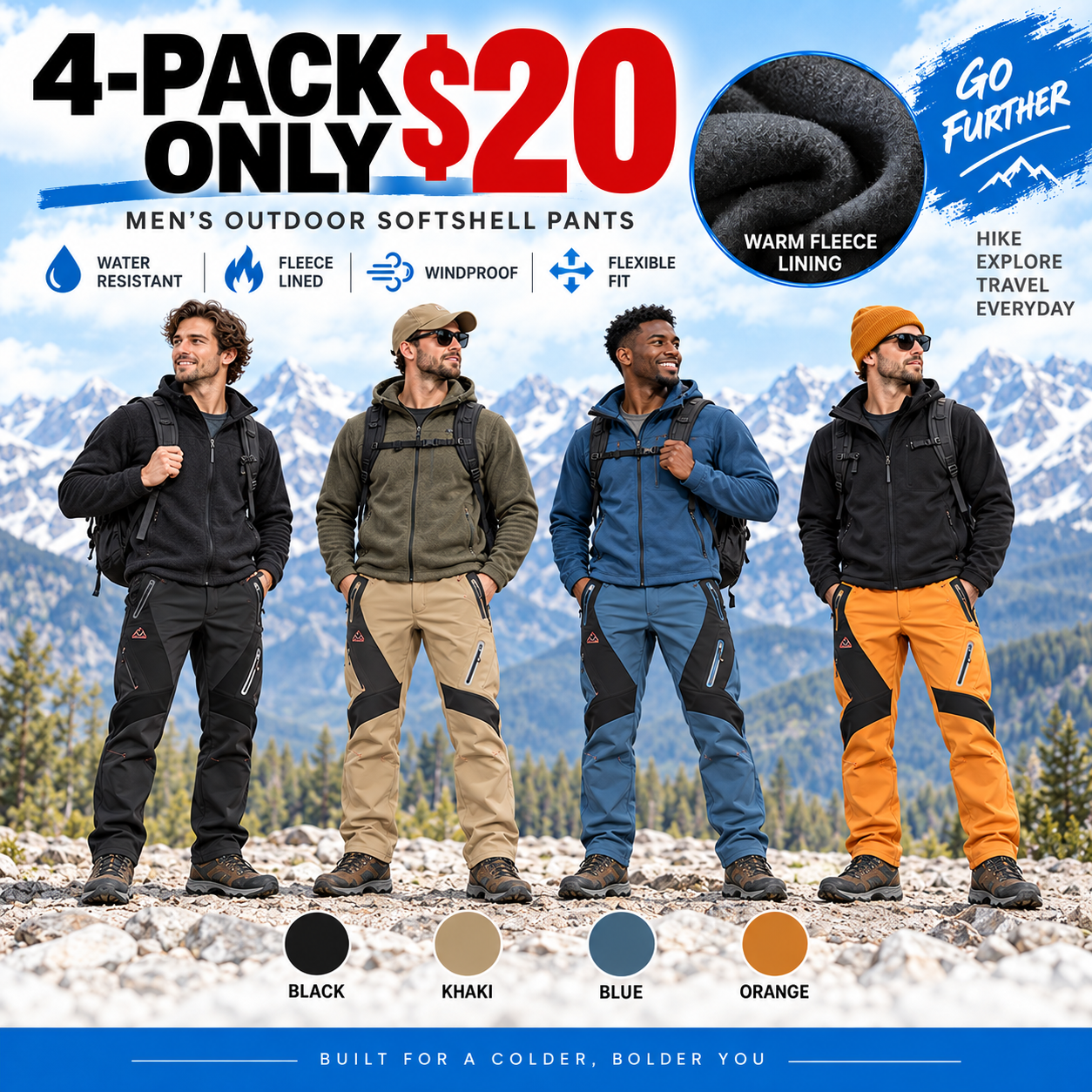 Men's Insulated Waterproof Winter Pants – Fleece-Lined Softshell Ski & Hiking Trousers