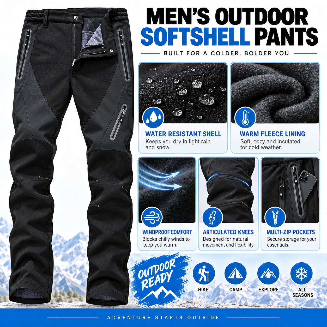 Men's Insulated Waterproof Winter Pants – Fleece-Lined Softshell Ski & Hiking Trousers