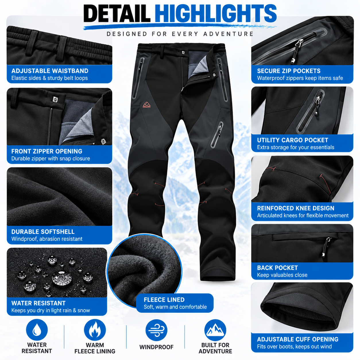 Men's Insulated Waterproof Winter Pants – Fleece-Lined Softshell Ski & Hiking Trousers