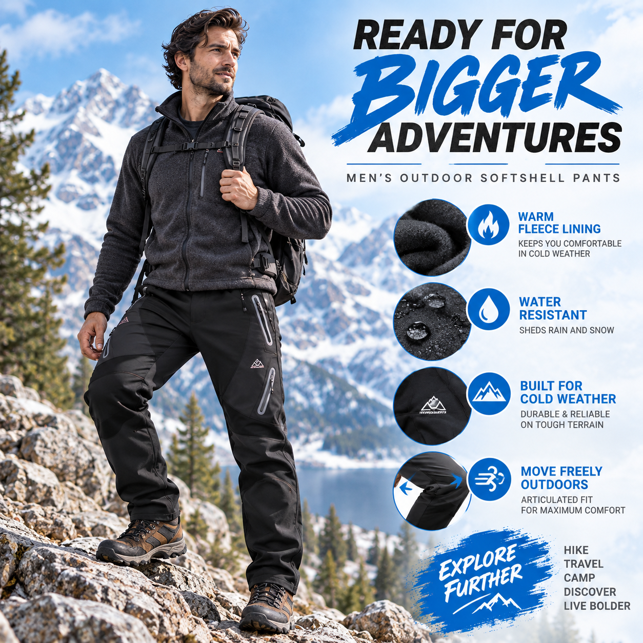 Men's Insulated Waterproof Winter Pants – Fleece-Lined Softshell Ski & Hiking Trousers