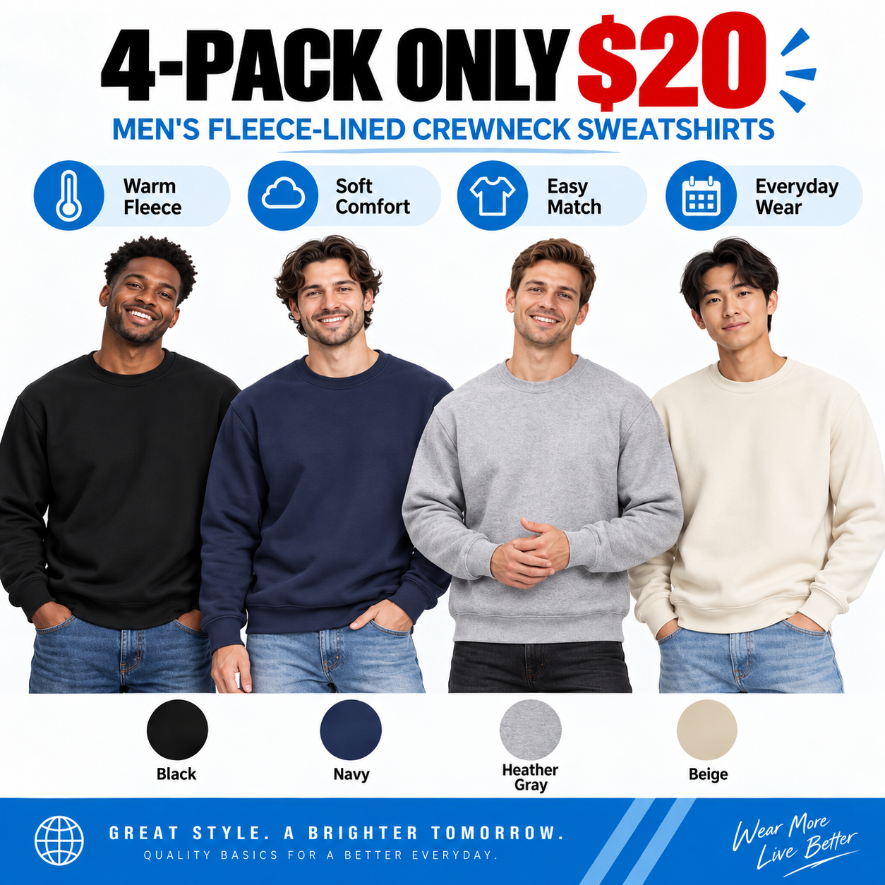 Men's Fleece-Lined Crewneck Sweatshirt – Warm Soft Pullover for Everyday Wear